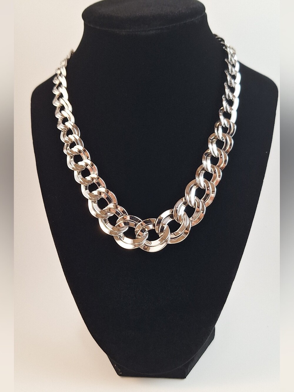 Vintage Silver Tone Chunky Double Curb Link Chain Necklace Statement Choker - Picture 2 of 4